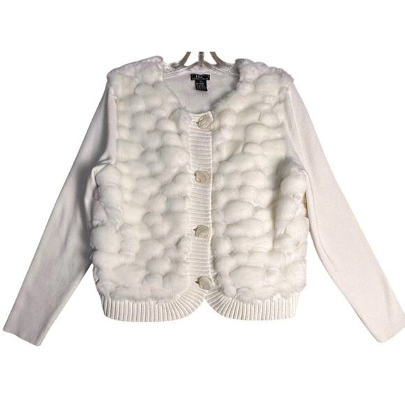 Y2K Lisa International Faux Fur Bubble Cardigan Sweater Ivory Sz S Apres Ski EC - Picture 2 of 16